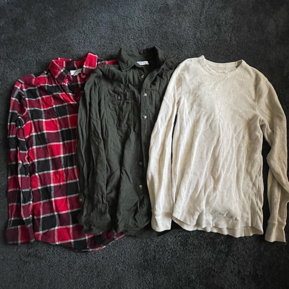 Plaid Red Shirt, Black Jacket, Cream Sweater Bundle